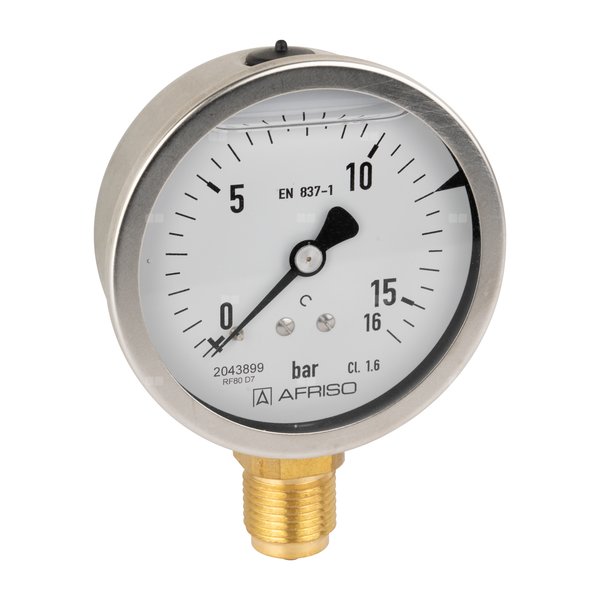 Manometr z rurką Bourdona AFRISO RF glicerynowy 0/16 bar G1/2B radialne fi 80 mm, kl. 1.6%