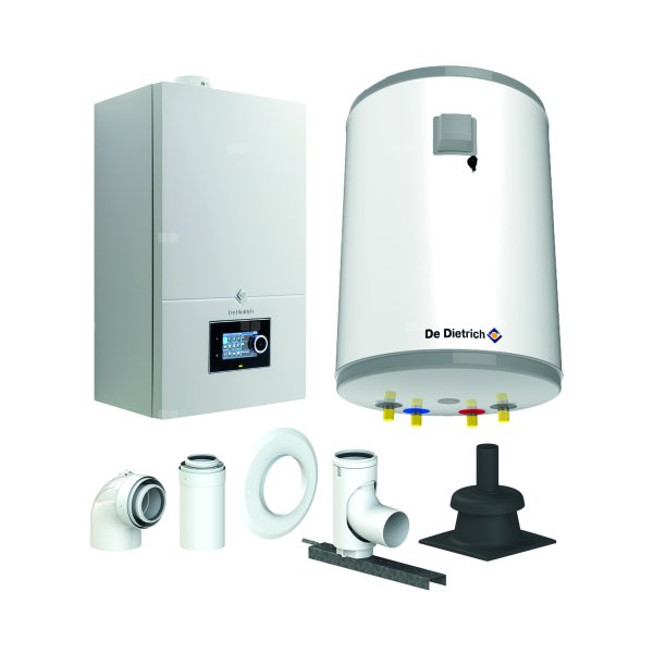 Pakiet - Kocioł gazowy jednofunkcyjny DE DIETRICH Virtuens Smart 24 kondensacyjny wiszący 3.3 - 26.1 kW + Zestaw powietrzno-spalinowy szachtowyBazowy PP/Alu fi 60/100 na fi 80 + Zasobnik c.w.uAQUAvie100