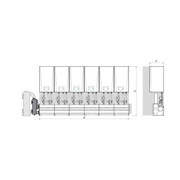 Zestaw kaskadowy na ścianie DE DIETRICH LW, maksymalna ilosć urządzeń: 1xAMC Evo 45-65+1xAMC Evo 90-115+4xAMC135-160