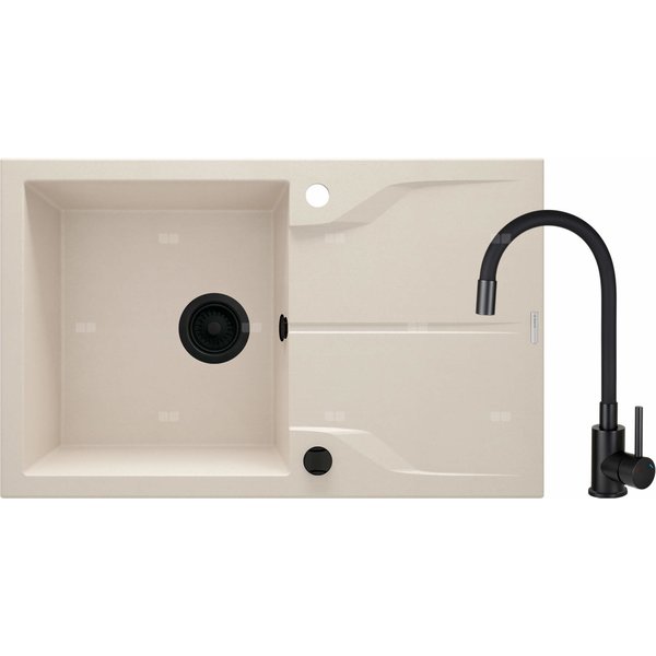 Set: zlew. granit zqn 5113 beż + bateria z elastyczną wylewką boc n72m nero + osprzęt nero