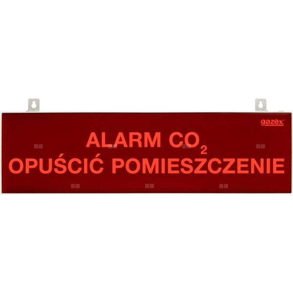 tablica ostrzegawcza "ALARM CO2 OPUŚCIĆ POMIESZCZENIE", podświetlenie czerwone LED, wbudowana cicha syrenka, zasilanie 12/24V