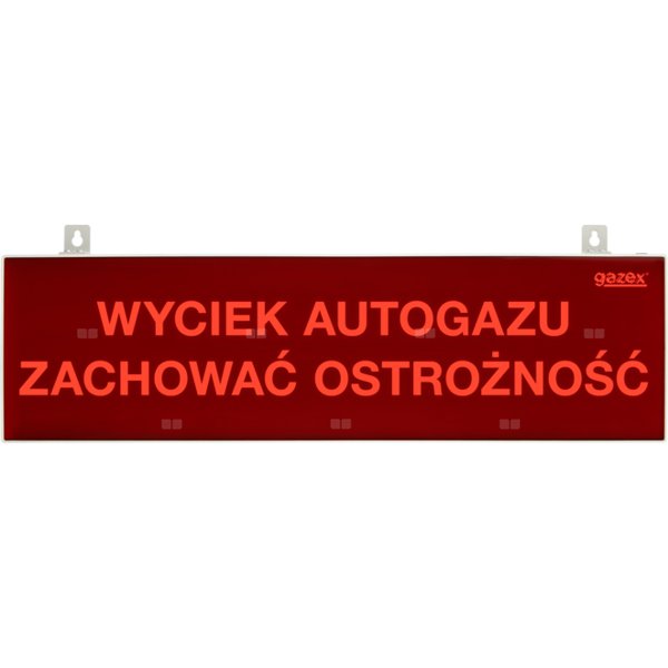 tablica ostrzegawcza dwustronna "WYCIEK AUTOGAZU ZACHOWAĆ OSTROŻNOŚĆ", podświetlenie czerwone LED, wbudowana cicha syrenka, zasilanie 230V