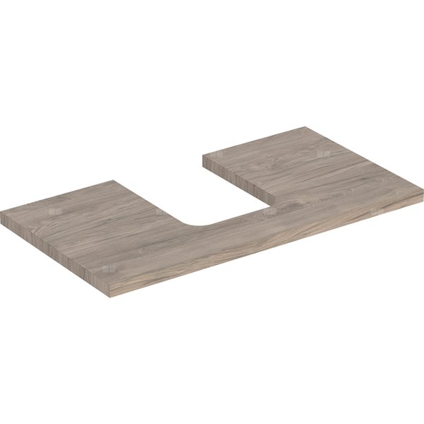 Blat pod umywalkę Geberit ONE z wycięciem, do umywalki nablatowej w kształcie misy: B=89.4cm, Orzech włoski hickory, Melamina, struktura drewna, Przekrój=Na środku