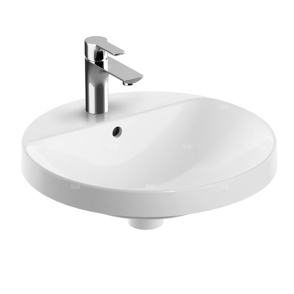 Umywalka GEBERIT Variform okrągła, biała, 480mm, otwór na baterię na środku, wpuszczana w blat, z odpływem przelewowym, półka od ściany