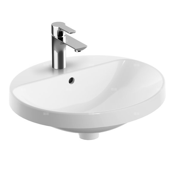 Umywalka GEBERIT Variform okrągła, biała, 500mm, otwór na baterię na środku, wpuszczana w blat, z odpływem przelewowym, półka od ściany