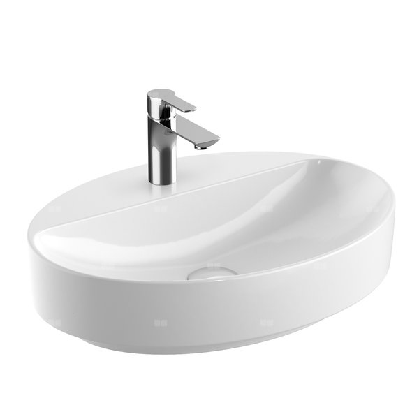 Umywalka GEBERIT Variform owalna, biała / KeraTect, 600mm, otwór na baterię na środku, stawiana na blat, bez odpływu przelewowego, półka od ściany