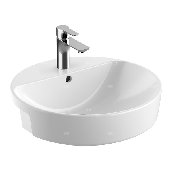 Umywalka GEBERIT Variform okrągła, biała, 500mm, otwór na baterię na środku, wpuszczana w blat, z odpływem przelewowym, półka od ściany