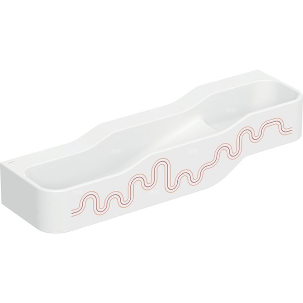 Umywalka GEBERIT Bambini 3-stanowiskowa prostokątna (rynna, elementy dekoracyjne), biała, 1400mm, bez otworu na baterię, bez odpływu przelewowego, półka od ściany