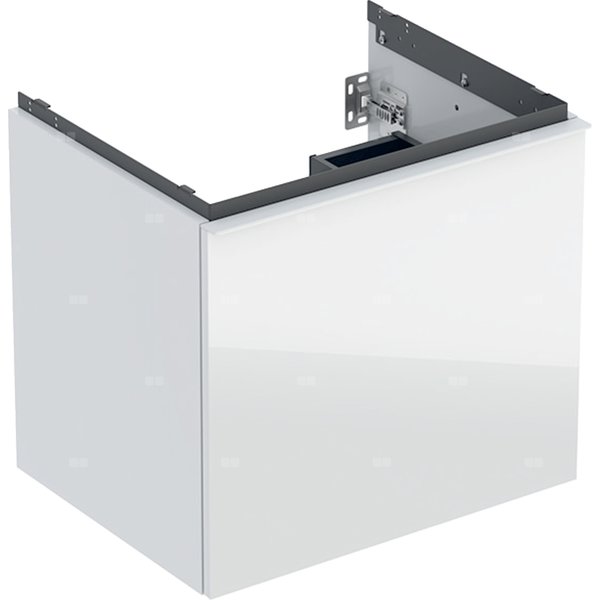 Szafka pod umywalkę Geberit Acanto, z szufladą i szufladą wewnętrzną: Szerokość umywalki=60cm, Korpus: biały / lakierowany na wysoki połysk, Front: biały / szkło błyszczące, Uchwyt: biały / powlekany proszkowo, matowy