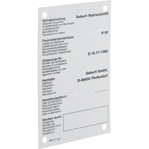 Tabliczka informacyjna Geberit dotycząca tulei ogniochronnej RS90
