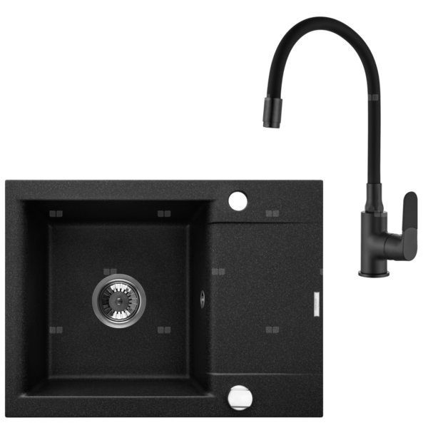 Komplet: zlewozmywak granitowy 1-komorowy z krótkim ociekaczem Tesalia i bateria zlewozmywakowa Joga Plus czarna