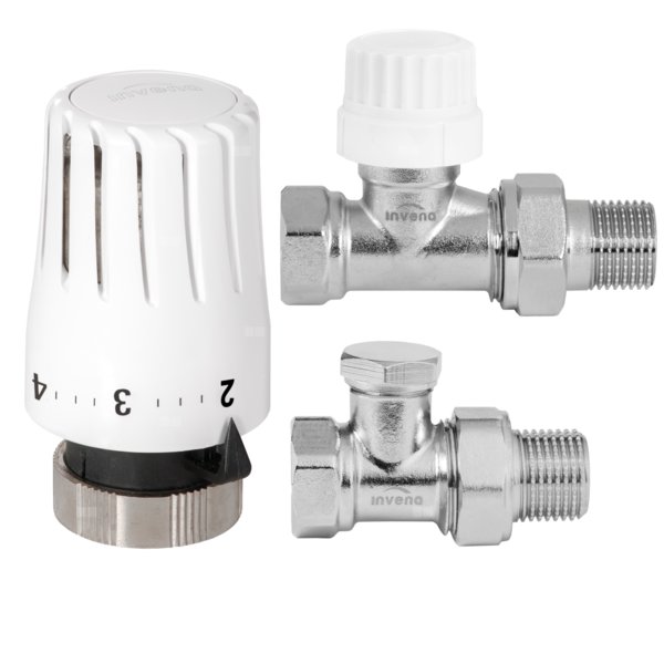 Komplet termostatyczny prosty z blokadą temperatury INVENA PROV - zawór termostatyczny, zawór powrotny, głowica mini 2 PROV