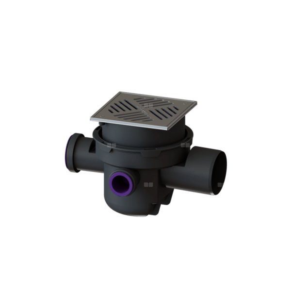 Wpust KESSEL z 1 przyłączem DN 100, odpływ pionowy, kratka 187x187mm stal nierdzewna