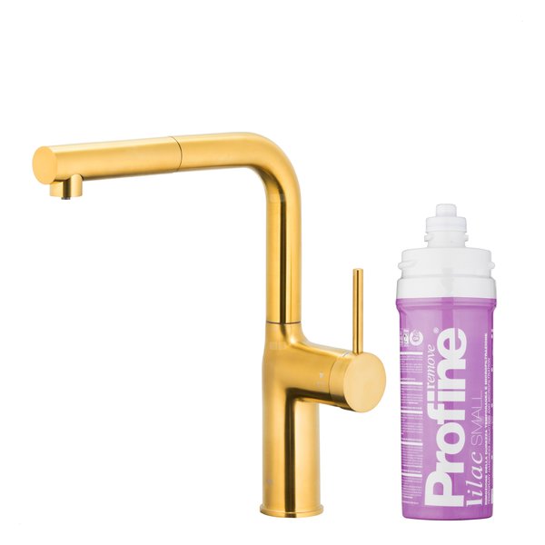 DUERO PURE MOVE PULL-OUT Bateria kuchenna z funkcją filtracji wody i wyciąganą wylewką, Brushed gold + Zestaw filtrujący PROFINE Lilac S