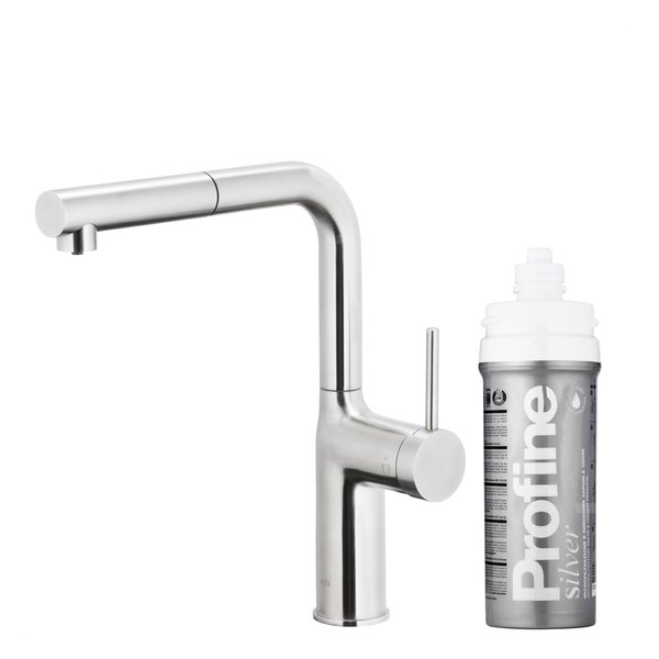 DUERO PURE MOVE PULL-OUT Bateria kuchenna z funkcją filtracji wody i wyciąganą wylewką, Stal nierdzewna + Zestaw filtrujący PROFINE Silver S
