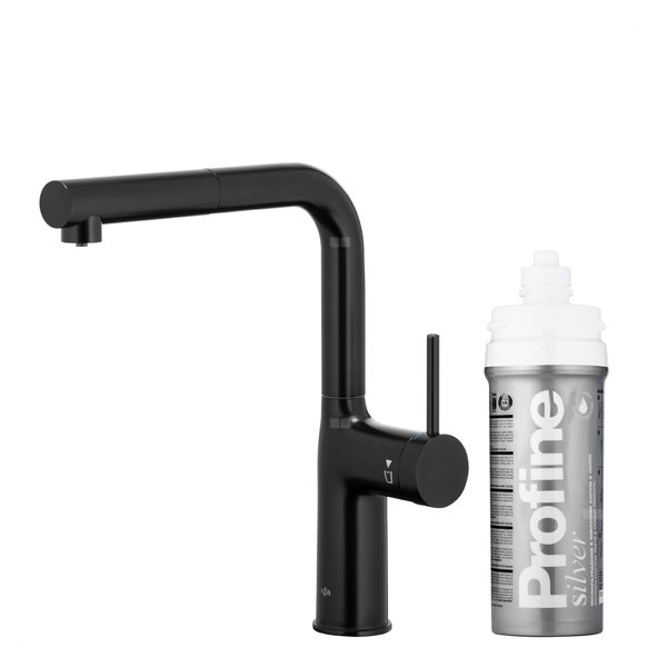 DUERO PURE MOVE PULL-OUT Bateria kuchenna z funkcją filtracji wody i wyciąganą wylewką, Czarna + Zestaw filtrujący PROFINE Silver S
