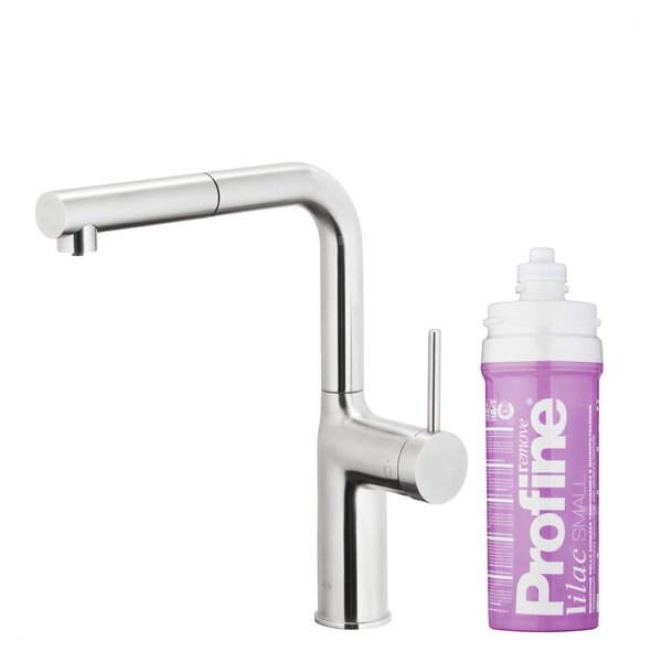 DUERO PURE MOVE PULL-OUT Bateria kuchenna z funkcją filtracji wody i wyciąganą wylewką, Stal nierdzewna + Zestaw filtrujący PROFINE Lilac S