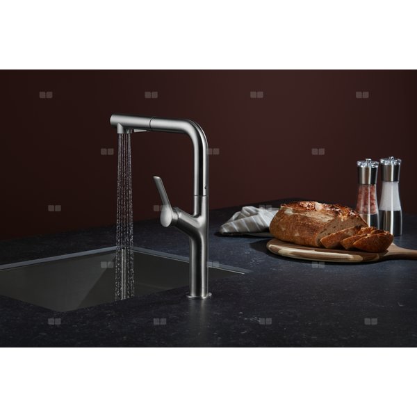 Bateria zlewozmywakowa stojąca KFA Armatura DUERO DESIGN, kolor inox, wyciągana wylewka i obrotowa wylewka 2 funkcyjna, obrotowy górny, wys. 320 mm