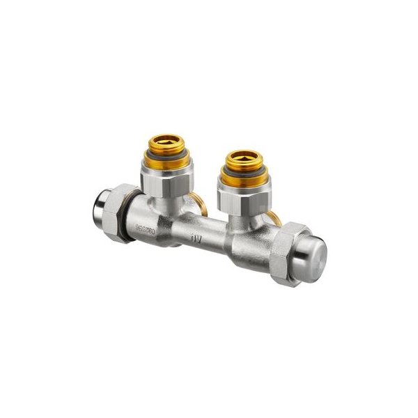 Multilex FQ, podwójne przyłącze grzejnikowe z funkcją automatycznego równoważenia, G 1/2 GZ x G 3/4 GZ, kątowe, prawostronne