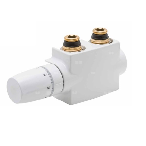 Zawór grzejnikowy termostatyczny QIK zespolony kątowy - osiowo lewy z nastawą wstępną (bez ograniczenia skoku), połączenie 1/2'' x 3/4'' Eurokonus (białe)