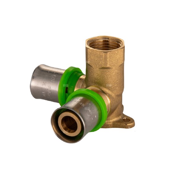 Podwójne kolano mosiężne naścienne zaprasowywane QIK 16x2,0-1/2"-16x2 - 46mm II