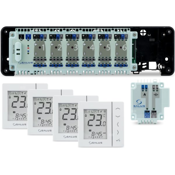 SALUS StartPack Standard - zestaw przewodowego sterowania ogrzewaniem podłogowym bez zarządzania przez Internet: KL06-M, PL07, 4 x VS30W.
