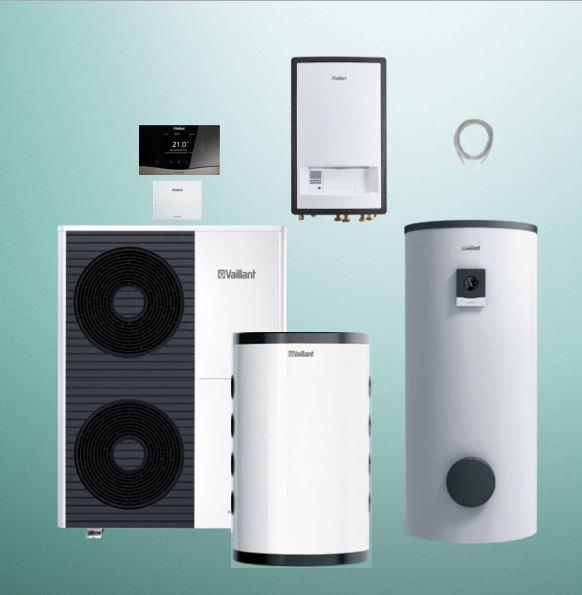 Pakiet Systemowy OZE - Pompa ciepła powietrze-woda split VAILLANT VWL 105/5AS aroTHERM 10.2 kW 400 V + Moduł naścienny VWL 127/5IS + Zasobnik c.w.u. VIH RW 300/3BR + Zasobnik buforowy VP RW 100 + Regulator sensoCOMFORT VRC 720 + Moduł komunikacji internetowej VR 940f