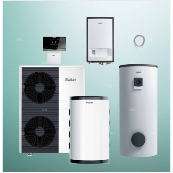 Pakiet Systemowy OZE - Pompa ciepła powietrzna powietrze-woda monoblok VAILLANT VWL 105/6A aroTHERM plus 9.2 kW 400 V + Moduł naścienny MEH 97/6 + Moduł komunikacji internetowej VR 940f + Zasobnik c.w.u. VIH RW 300/3BR + Zasobnik buforowy VP RW 100 + Regulator sensoCOMFORT VRC 720