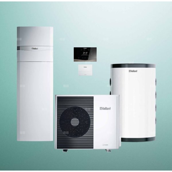 Pakiet Systemowy OZE - Pompa ciepła powietrzna powietrze-woda monoblok VAILLANT VWL 75/6A aroTHERM plus 7 kW 400 V + Centrala grzewcza uniTOWER VIH QW 190/6E + Moduł komunikacji internetowej VR 940f + Zasobnik buforowy VP RW 50/3 + Regulator sensoCOMFORT VRC 720